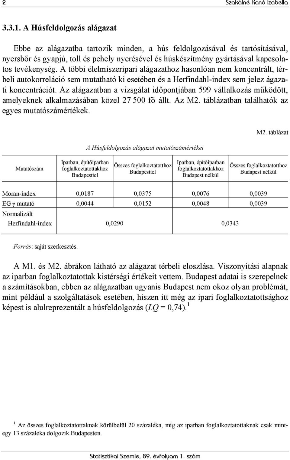 tevékenység. A többi élelmiszeripari alágazathoz hasonlóan nem koncentrált, térbeli autokorreláció sem mutatható ki esetében és a Herfindahl-index sem jelez ágazati koncentrációt.