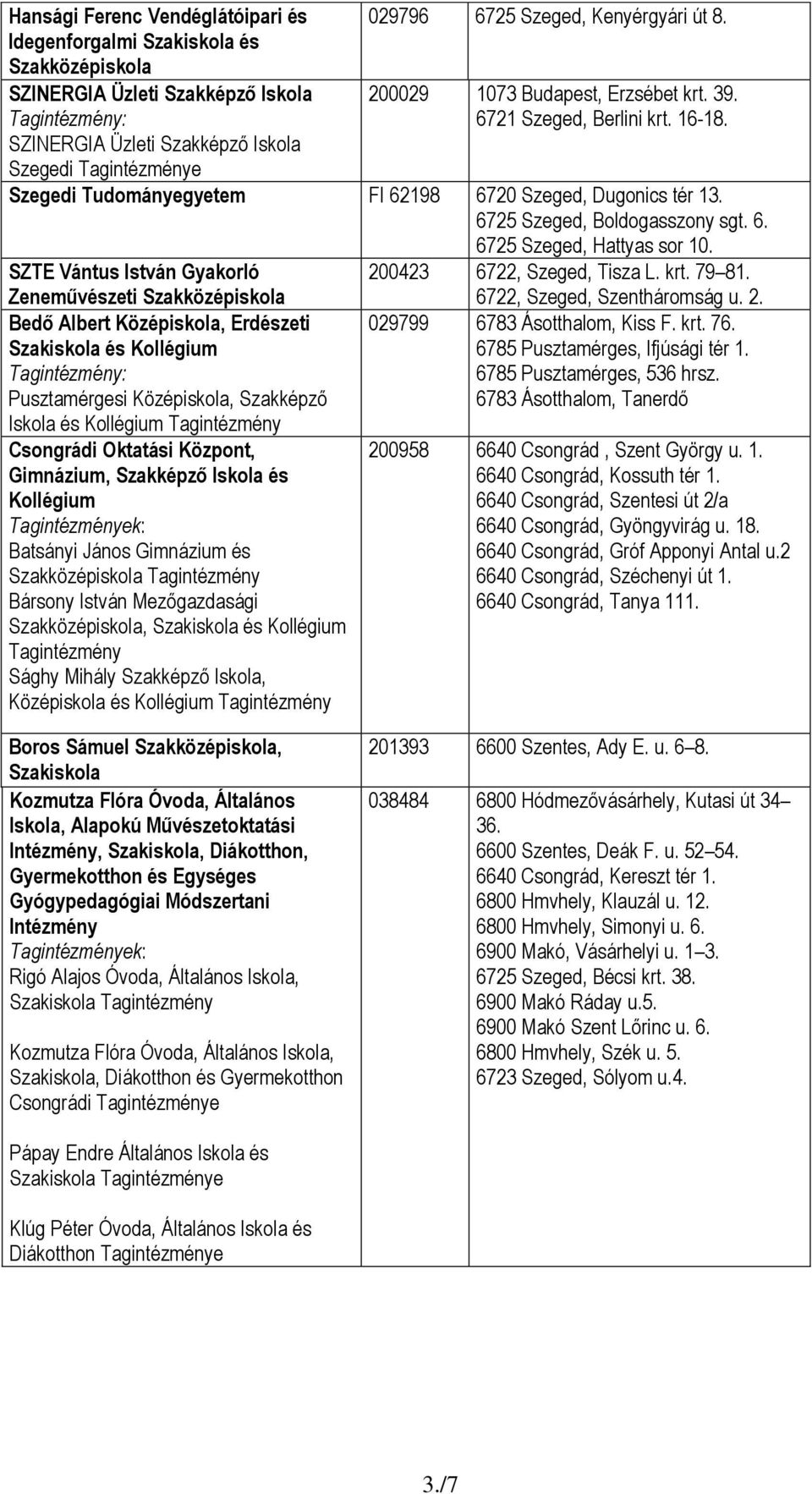 SZTE Vántus István Gyakorló Zeneművészeti Szakközépiskola Bedő Albert Középiskola, Erdészeti Szakiskola és Kollégium Tagintézmény: Pusztamérgesi Középiskola, Szakképző Iskola és Kollégium