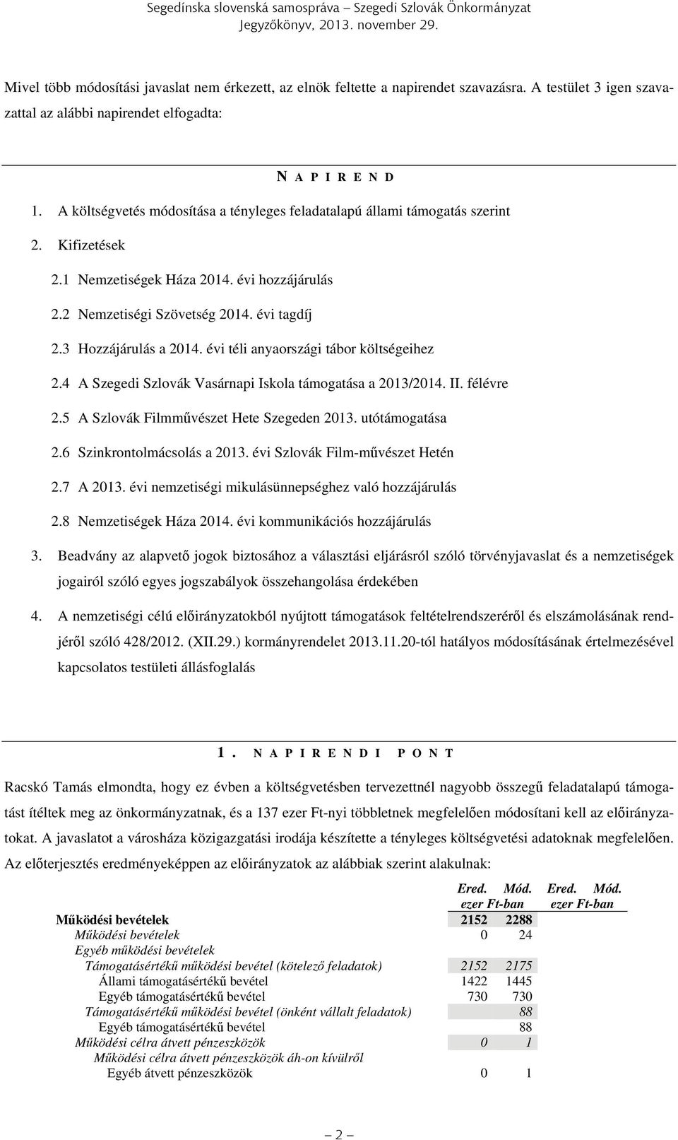 3 Hozzájárulás a 2014. évi téli anyaországi tábor költségeihez 2.4 A Szegedi Szlovák Vasárnapi Iskola támogatása a 2013/2014. II. félévre 2.5 A Szlovák Filmművészet Hete Szegeden 2013.