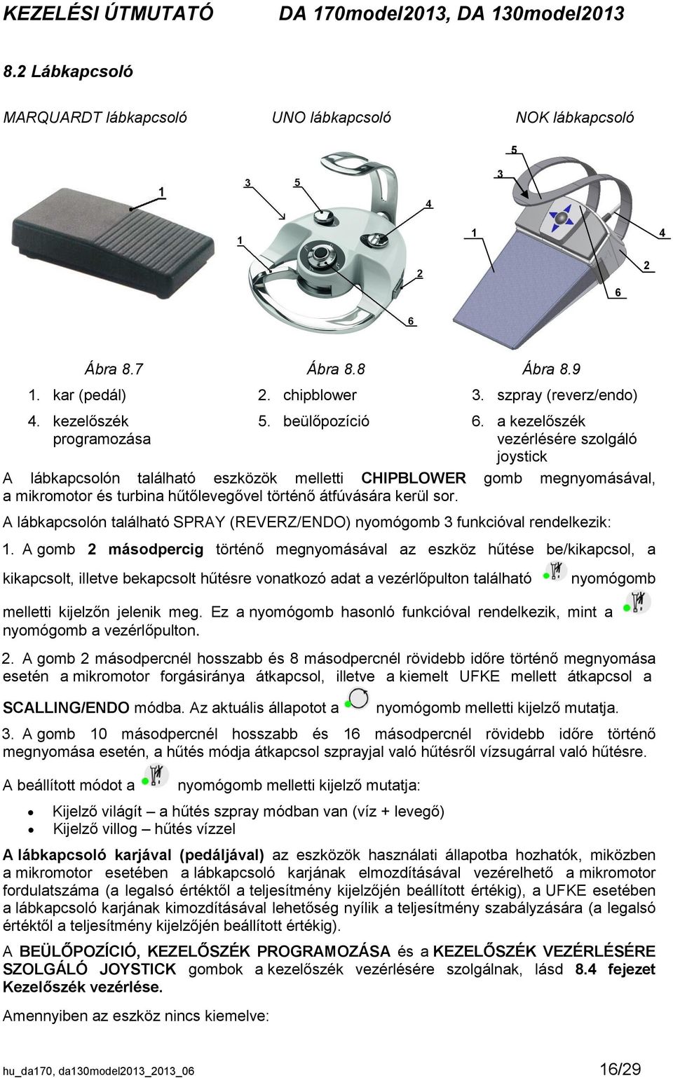 A lábkapcsolón található SPRAY (REVERZ/ENDO) nyomógomb 3 funkcióval rendelkezik: 1.