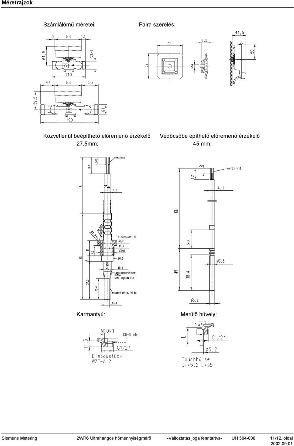 mm: Karmantyú: Merülő hüvely: Siemens Metering 2WR6 Ultrahangos