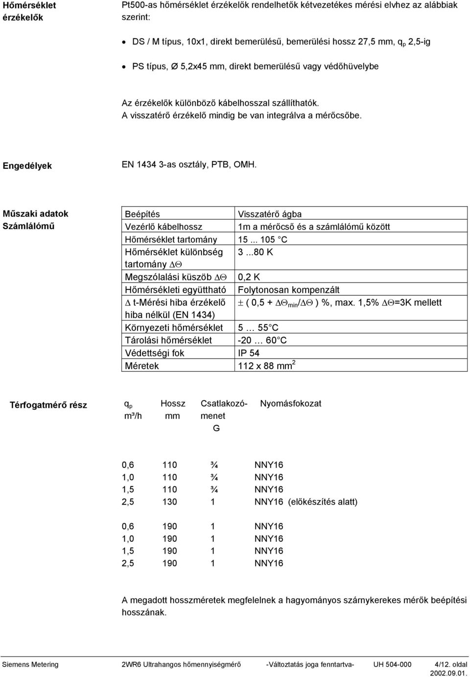 Engedélyek EN 1434 3-as osztály, PTB, OMH. Műszaki adatok Számlálómű Beépítés Visszatérő ágba Vezérlő kábelhossz 1m a mérőcső és a számlálómű között Hőmérséklet tartomány 15.