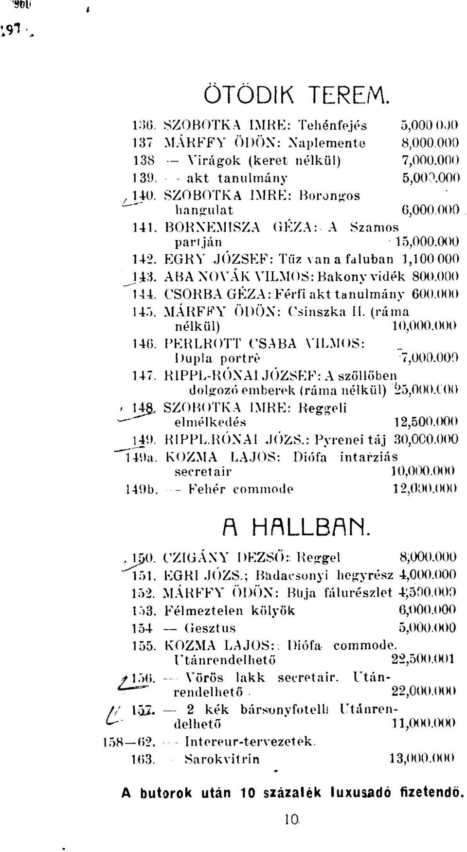 CSORBA GÉZA: Férfi akt tanulmány 600.000 145. MÁRFFY ÖDÖN: Csinszka II. (ráma nélkül) 10,000.000 146. PERLROTT CSABA VILMOS: Dupla portré 7,000.009 147.