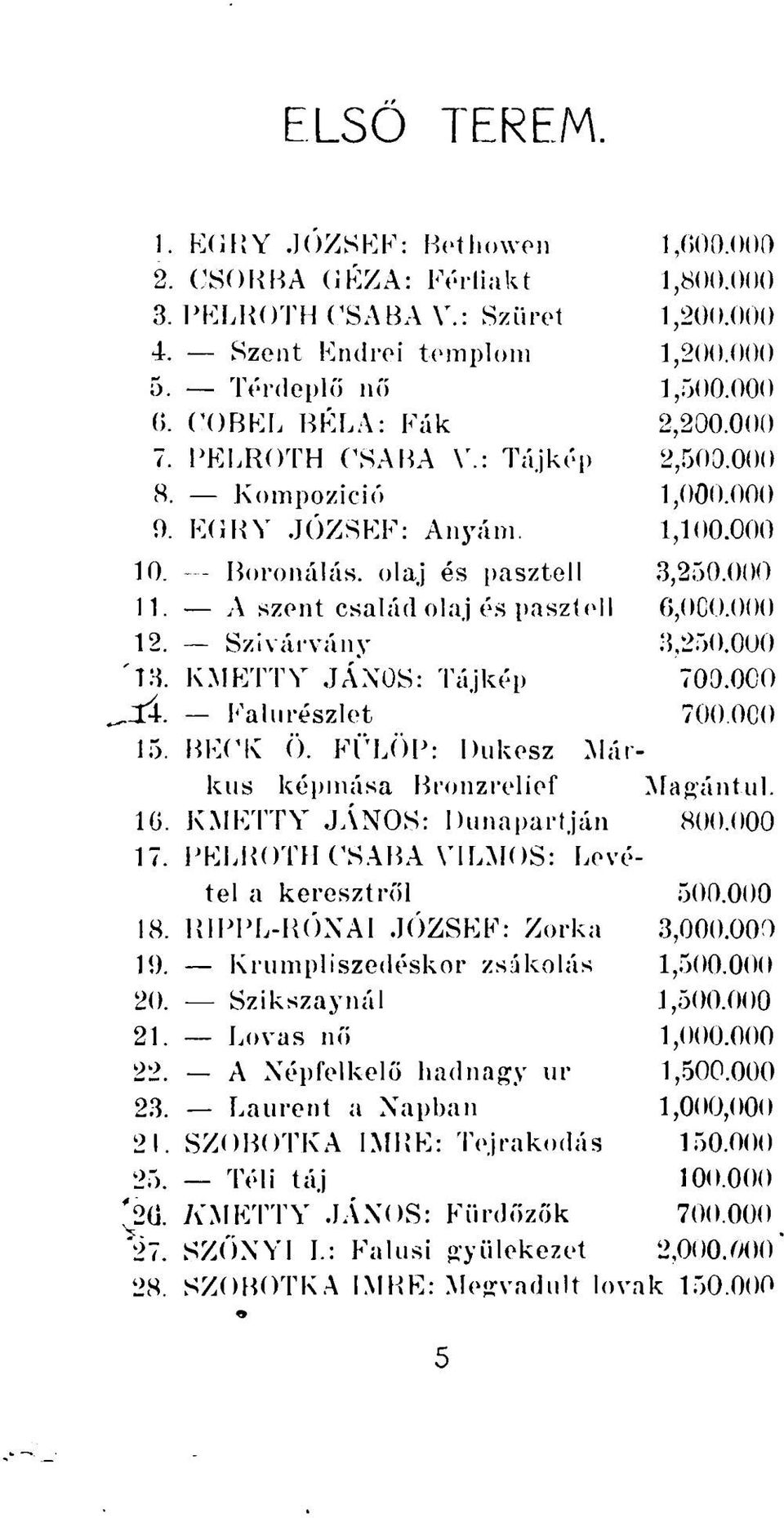 A szent család olaj és pasztell 12. Szivárvány '13. KMETTY JÁNOS: Tájkép Jjrí. Fa lu részlet 15. BECK Ö. FÜLÖP: Dukesz Márkus képmása Bronzrelief Magáníul. 1G. KMETTY JÁNOS: Dunapartján 800.000 17.