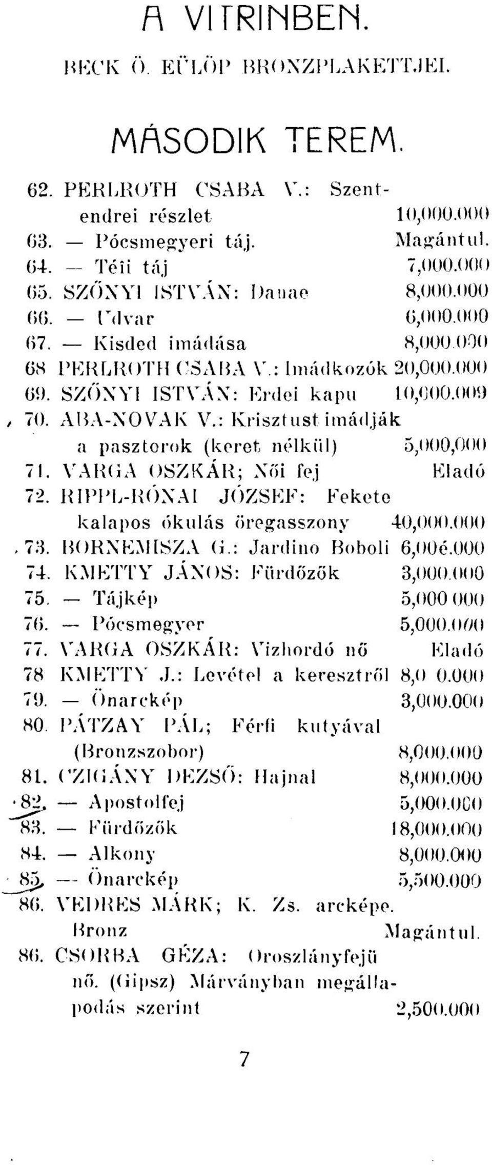 : Krisztust imádják a pásztorok (keret nélkül) 5,000,000 71. VARGA OSZKÁR; Női fej Eladó 72. RIPPL-RÓNAI JÓZSEF: Eekete kalapos okulás öregasszony 40,000.000 73. BORNEMISZA G.: Jardino Boboli 6,00é.