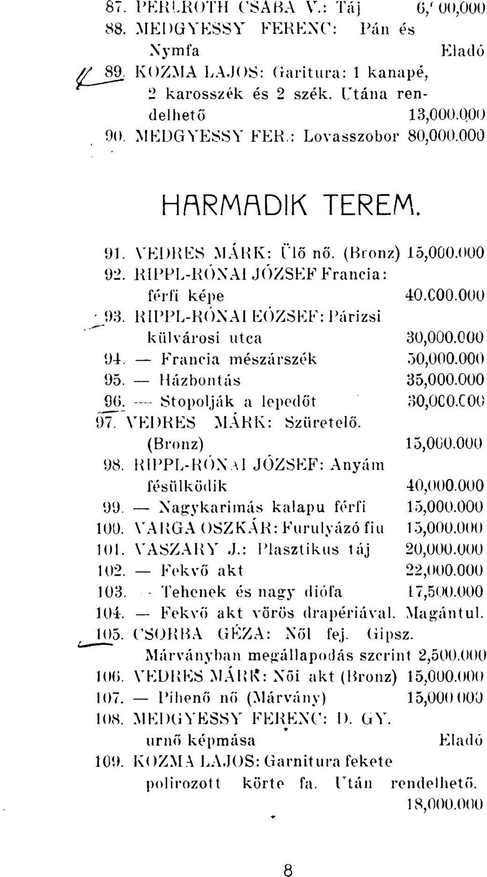 Francia mészárszék 50,000.000 95. Házbontás 35,000.000 90. Stopolják a lepedőt 30,0C0.C00 97. VEDRES MÁRK: Szüretelő. (Bronz) 15,000.000 98. RIPPL-RÓNaI JÓZSEF: Anyám fésülködik 40,000.000 99.