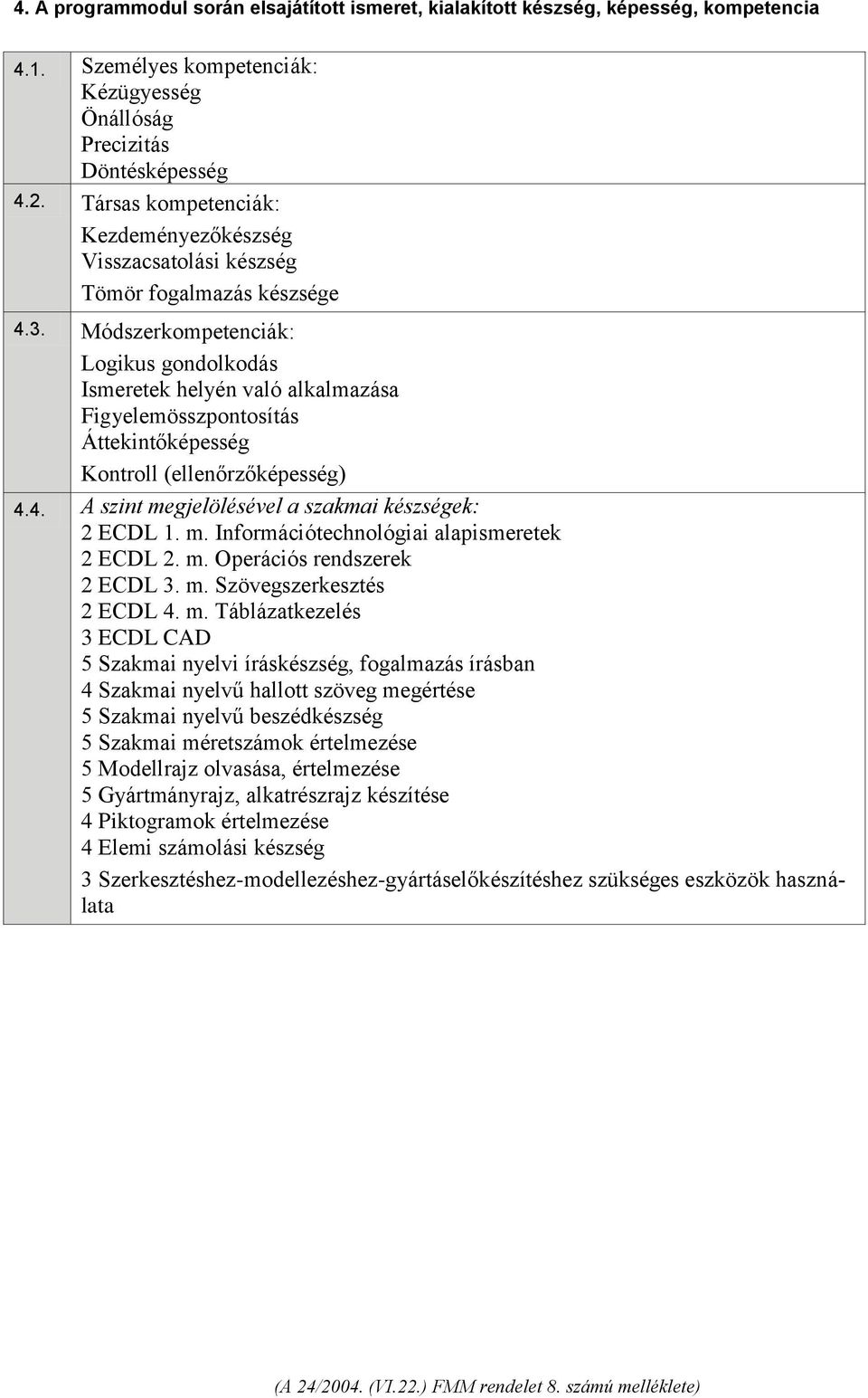 Módszerkompetenciák: Logikus gondolkodás Ismeretek helyén való alkalmazása Figyelemösszpontosítás Áttekintőképesség Kontroll (ellenőrzőképesség) 4.