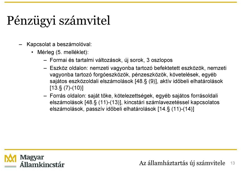 tartozó forgóeszközök, pénzeszközök, követelések, egyéb sajátos eszközoldali elszámolások [48. (9)], aktív időbeli elhatárolások [13.