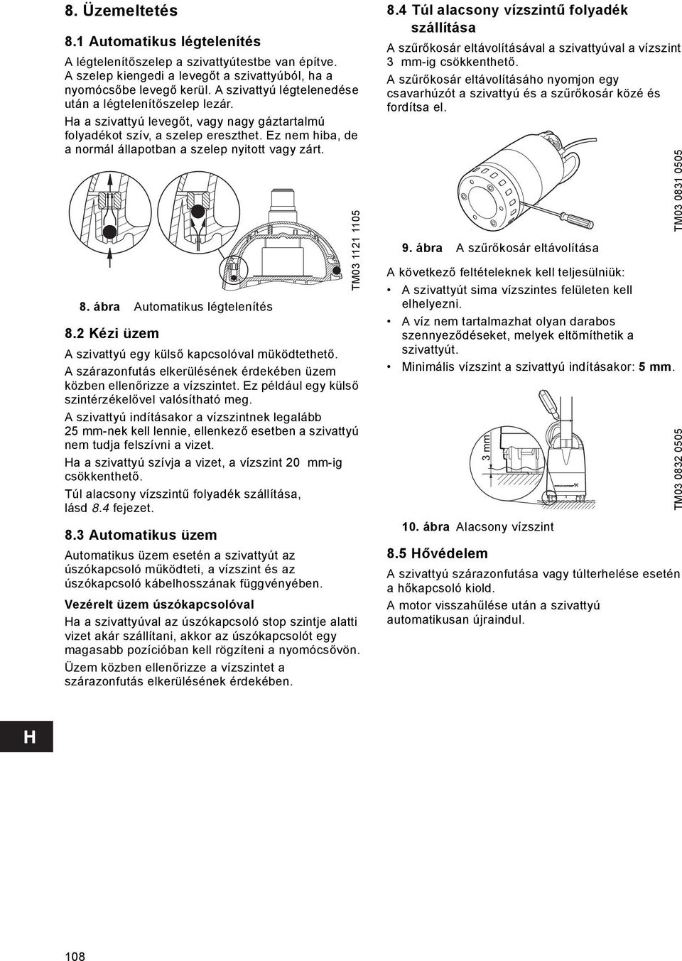 Ez nem hiba, de a normál állapotban a szelep nyitott vagy zárt. 8. ábra Automatikus légtelenítés 8.2 Kézi üzem A szivattyú egy külső kapcsolóval müködtethető.