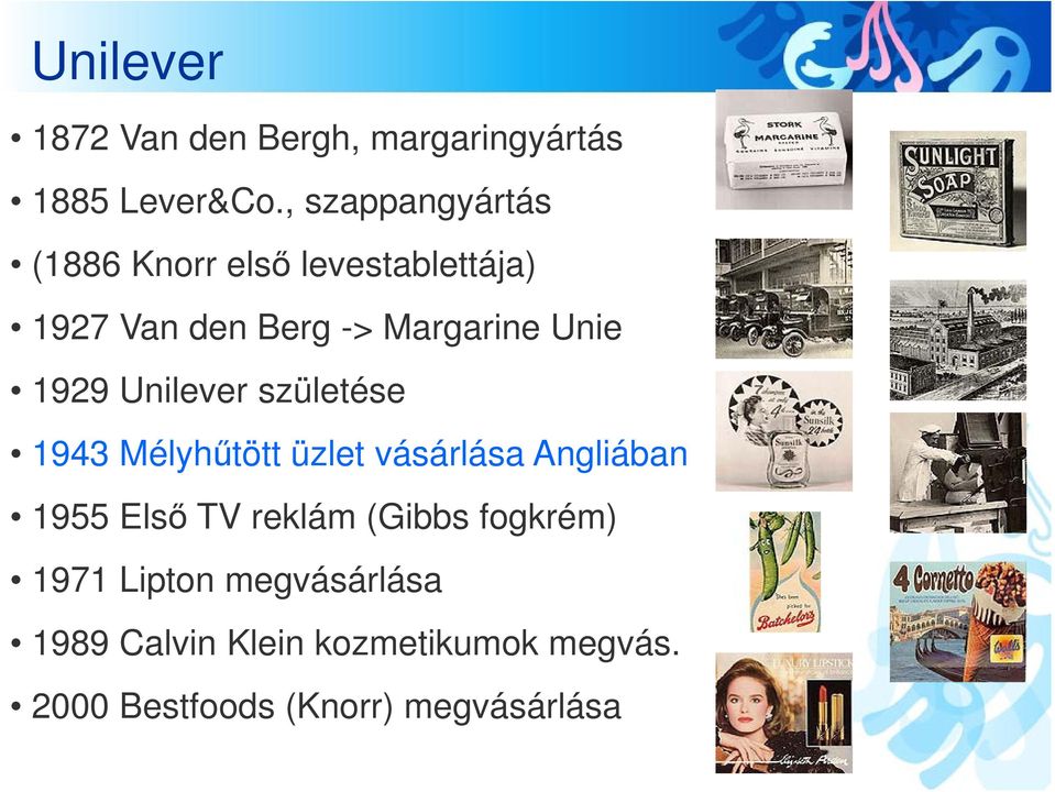 1929 Unilever születése 1943 Mélyhűtött üzlet vásárlása Angliában 1955 Első TV reklám