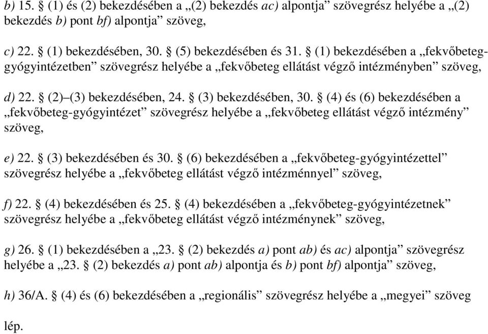 (4) és (6) bekezdésében a fekvıbeteg-gyógyintézet szövegrész helyébe a fekvıbeteg ellátást végzı intézmény szöveg, e) 22. (3) bekezdésében és 30.