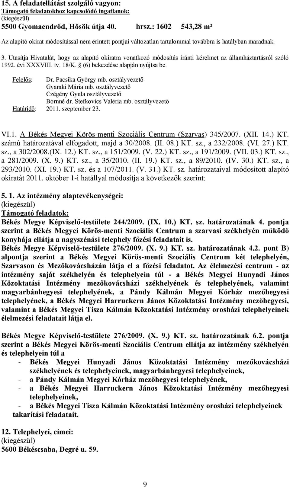 Pacsika György mb. osztályvezető Határidő: 2011. szeptember 23. VI.1. A Békés Megyei Körös-menti Szociális Centrum (Szarvas) 345/2007. (XII. 14.) KT. számú határozatával elfogadott, majd a 30/2008.