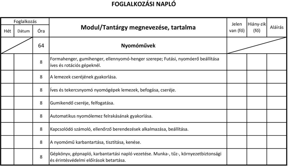 Íves és tekercsnyomó nyomógépek lemezek, befogása, cseréje. Gumikendő cseréje, felfogatása. Automatikus nyomólemez felrakásának gyakorlása.