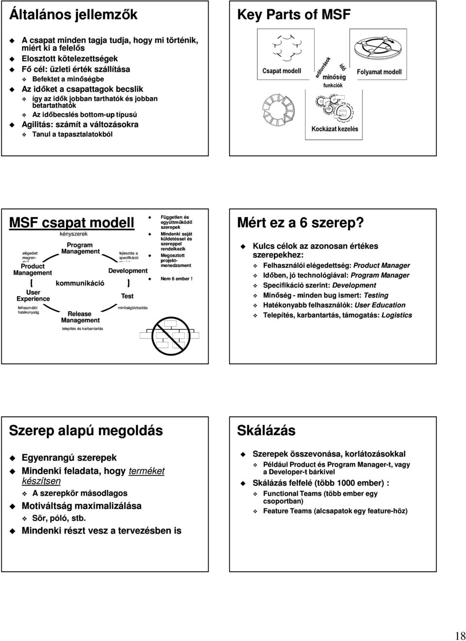 funkciók Kockázat kezelés MSF csapat modell Product Management User Experience felhasználói hatékonyság kényszerek Program Management kommunikáció Release Management telepítés és karbantartás
