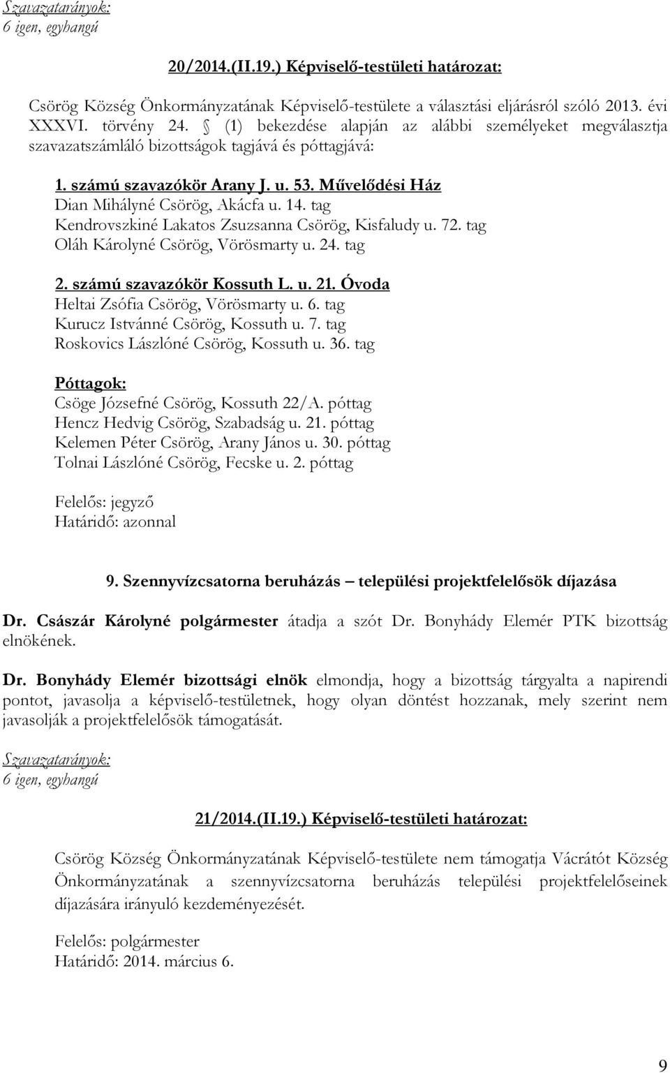 tag Kendrovszkiné Lakatos Zsuzsanna Csörög, Kisfaludy u. 72. tag Oláh Károlyné Csörög, Vörösmarty u. 24. tag 2. számú szavazókör Kossuth L. u. 21. Óvoda Heltai Zsófia Csörög, Vörösmarty u. 6.