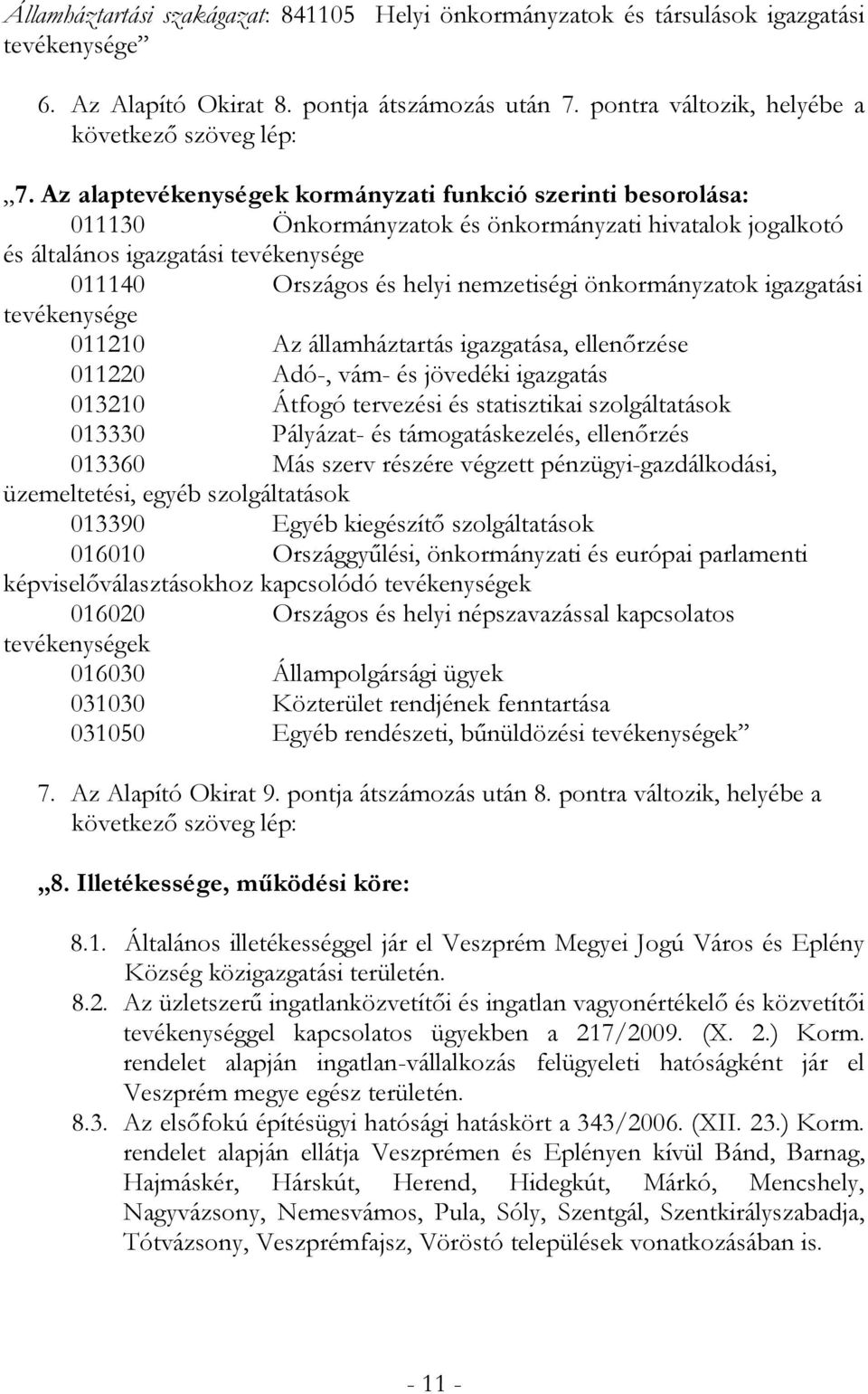 önkormányzatok igazgatási tevékenysége 011210 Az államháztartás igazgatása, ellenőrzése 011220 Adó-, vám- és jövedéki igazgatás 013210 Átfogó tervezési és statisztikai szolgáltatások 013330 Pályázat-