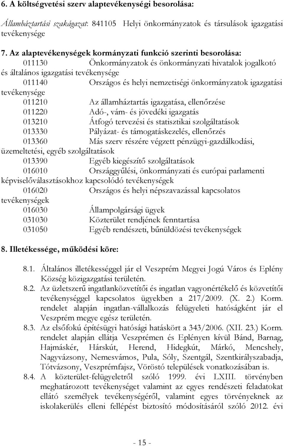 önkormányzatok igazgatási tevékenysége 011210 Az államháztartás igazgatása, ellenőrzése 011220 Adó-, vám- és jövedéki igazgatás 013210 Átfogó tervezési és statisztikai szolgáltatások 013330 Pályázat-