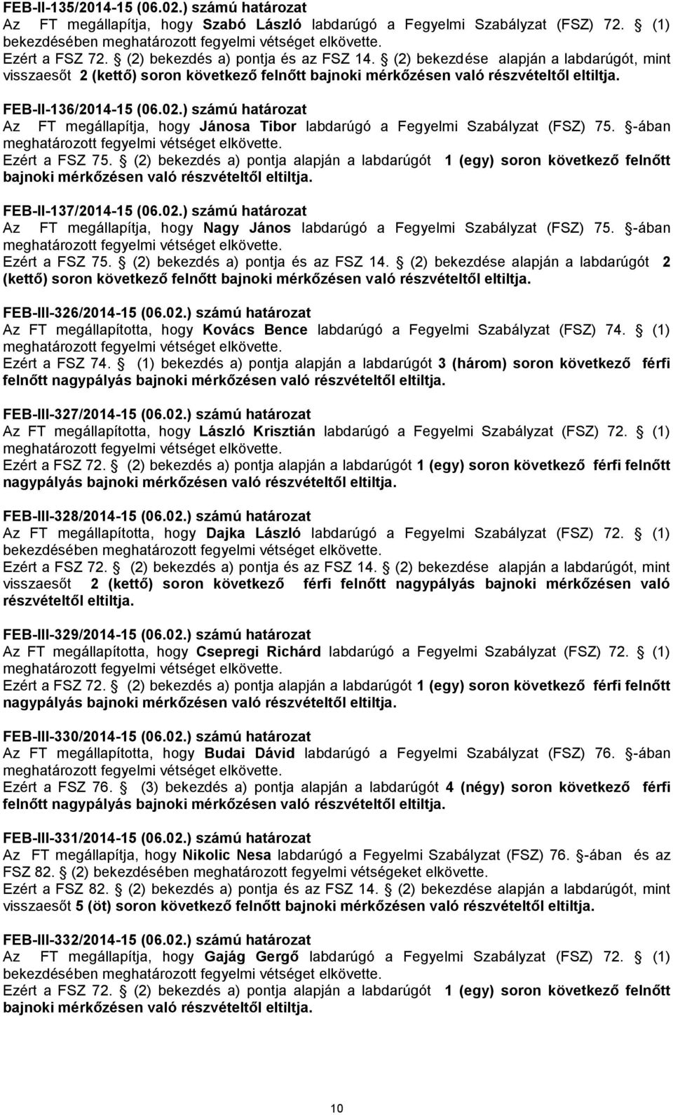 ) számú határozat Az FT megállapítja, hogy Jánosa Tibor labdarúgó a Fegyelmi Szabályzat (FSZ) 75. -ában Ezért a FSZ 75.