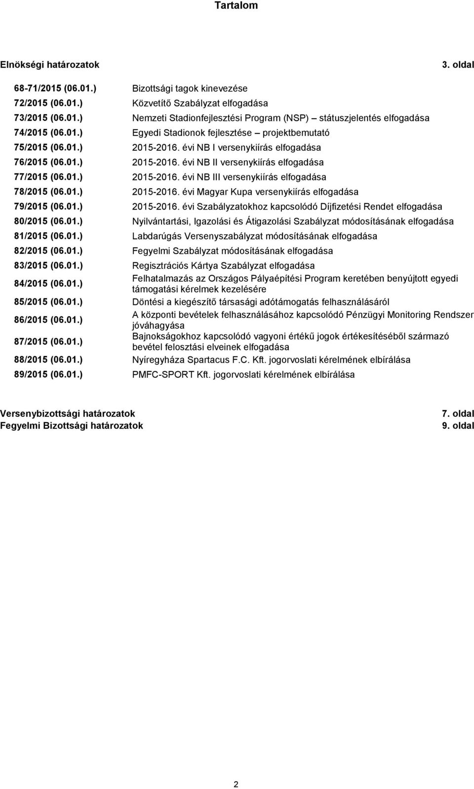 01.) 2015-2016. évi Magyar Kupa versenykiírás elfogadása 79/2015 (06.01.) 2015-2016. évi Szabályzatokhoz kapcsolódó Díjfizetési Rendet elfogadása 80/2015 (06.01.) Nyilvántartási, Igazolási és Átigazolási Szabályzat módosításának elfogadása 81/2015 (06.