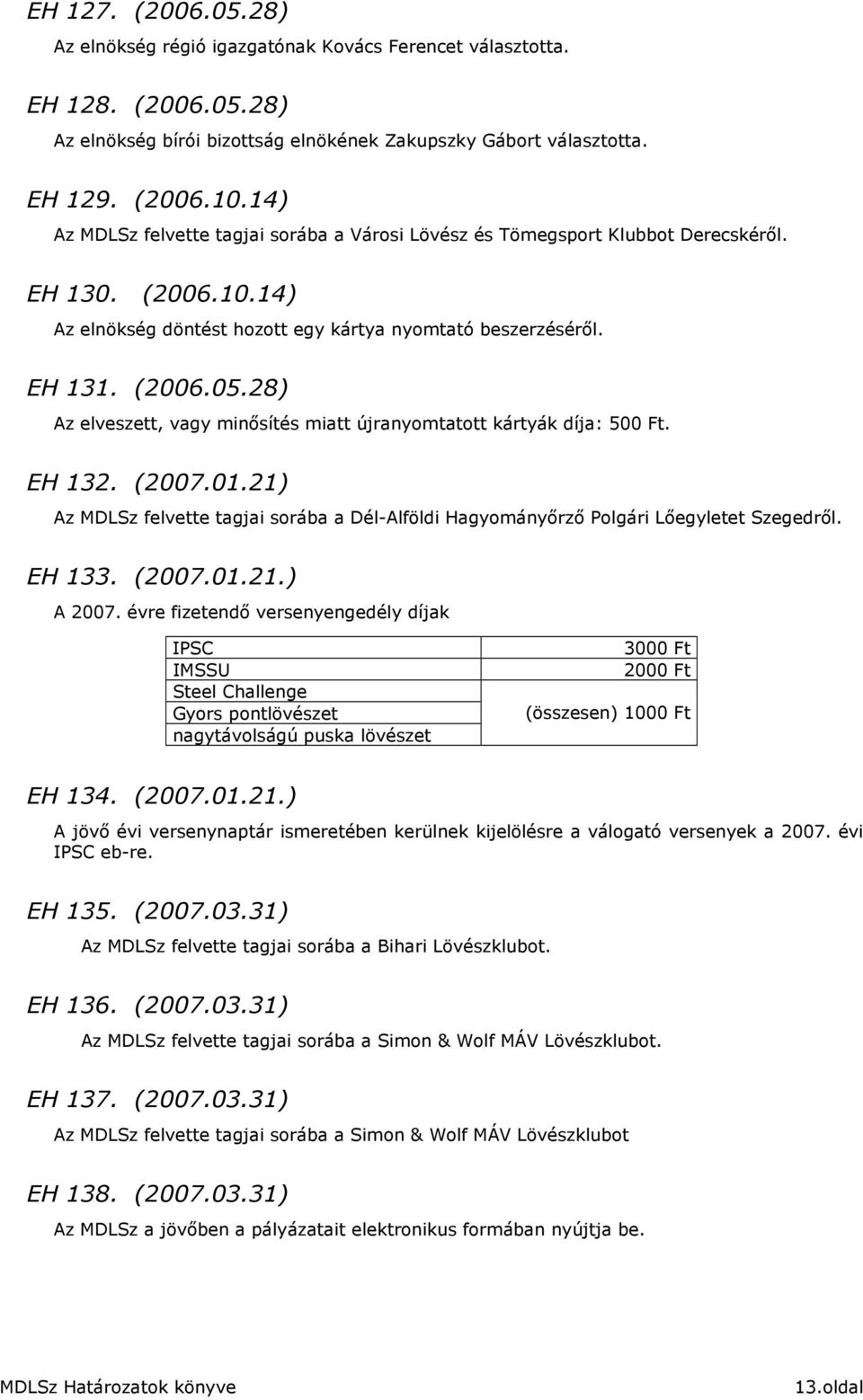 28) Az elveszett, vagy minısítés miatt újranyomtatott kártyák díja: 500 Ft. EH 132. (2007.01.21) Az MDLSz felvette tagjai sorába a Dél-Alföldi Hagyományırzı Polgári Lıegyletet Szegedrıl. EH 133.
