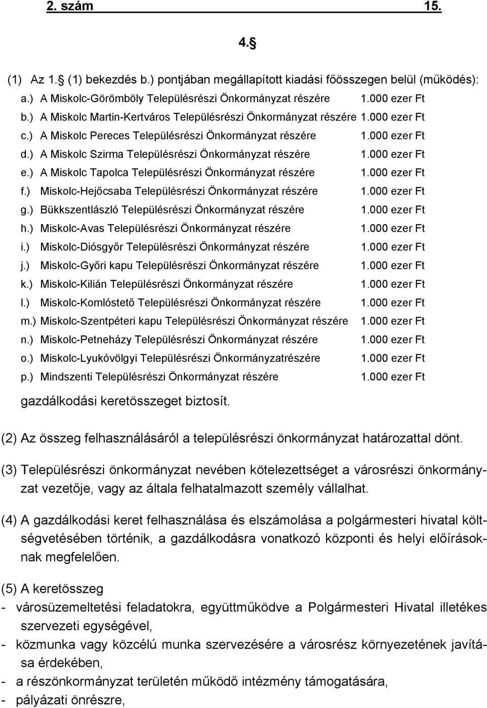 ) A Miskolc Szirma Településrészi Önkormányzat részére 1.000 ezer Ft e.) A Miskolc Tapolca Településrészi Önkormányzat részére 1.000 ezer Ft f.