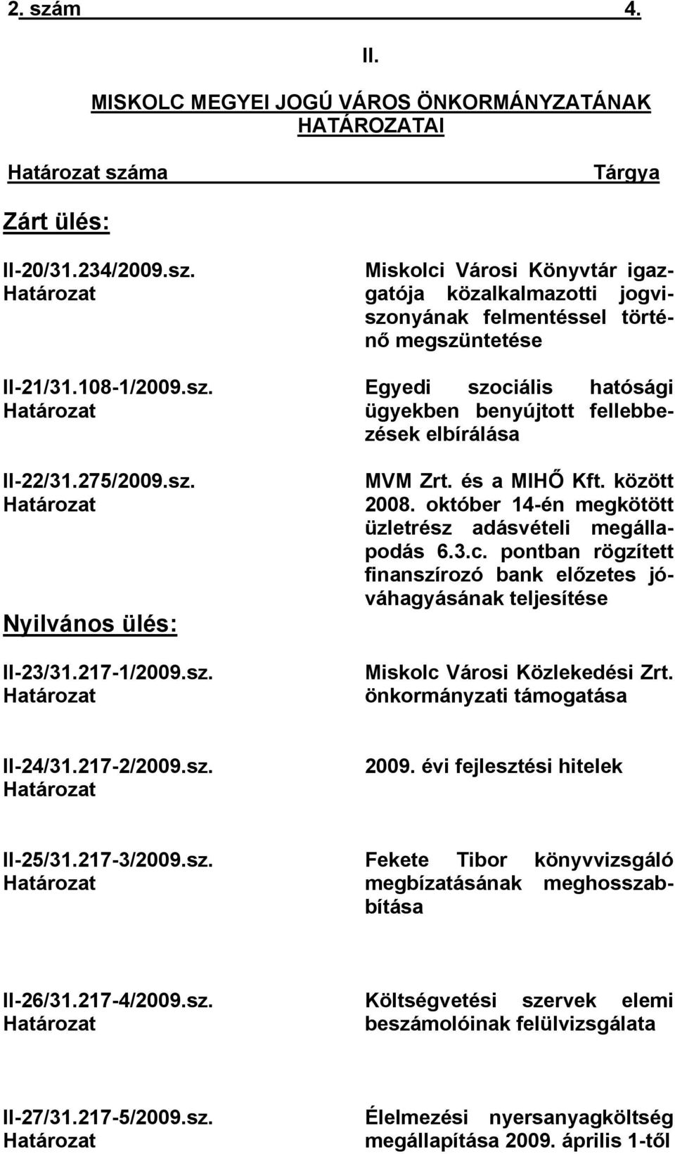 Határozat Miskolci Városi Könyvtár igazgatója közalkalmazotti jogviszonyának felmentéssel történő megszüntetése Egyedi szociális hatósági ügyekben benyújtott fellebbezések elbírálása MVM Zrt.