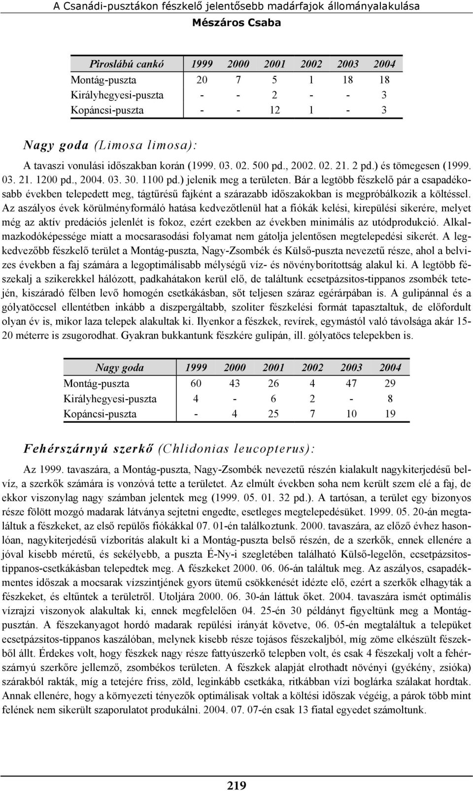 ) jelenik meg a területen. Bár a legtöbb fészkelő pár a csapadékosabb években telepedett meg, tágtűrésű fajként a szárazabb időszakokban is megpróbálkozik a költéssel.