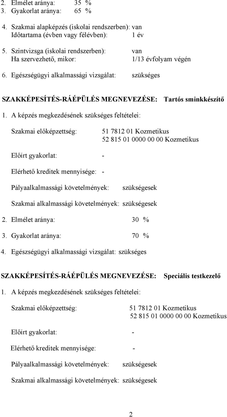 képzés megkezdésének szükséges feltételei: Szakmai előképzettség: 51 7812 01 Kozmetikus 52 815 01 0000 00 00 Kozmetikus Előírt gyakorlat: - Elérhető kreditek mennyisége: - Pályaalkalmassági