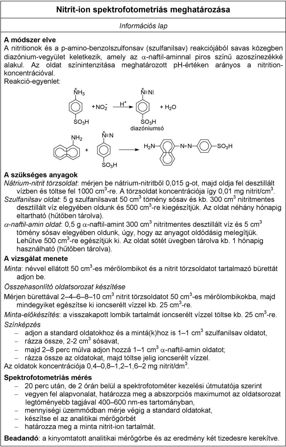 Reakció-egyenlet: NH 3 +NO 2 - H + N N + H 2 O SO 3 H NH 2 + N N SO 3 H diazóniumsó H 2 N N N SO 3 H SO 3 H A szükséges anyagok Nátrium-nitrit törzsoldat: mérjen be nátrium-nitritből 0,015 g-ot, majd