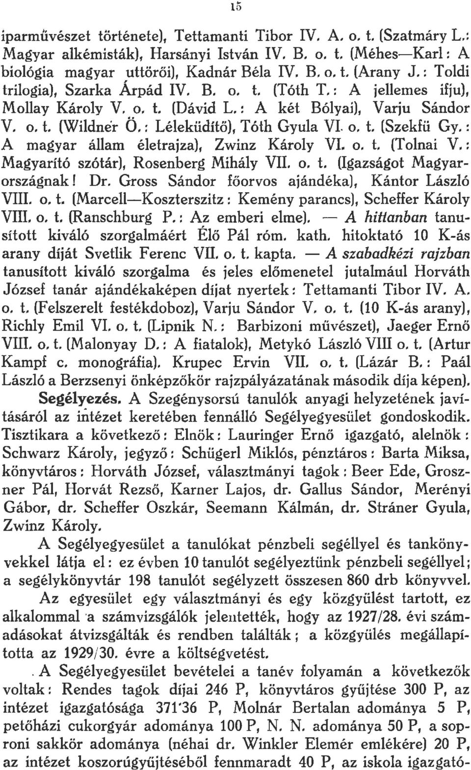 : A magyar állam életrajza), Zwin.z Károly VI. o. t. (Tolnai V.: Magyarító szótár), Rosenberg Mihály VII. o. t. (Igazságot Magyarországnak! Dr. Gross Sándor főorvos ajándékal Kántor László VIII. o. t. (MarcellKoszterszitz: Kemény parancs), Scheffer Károly VIII.