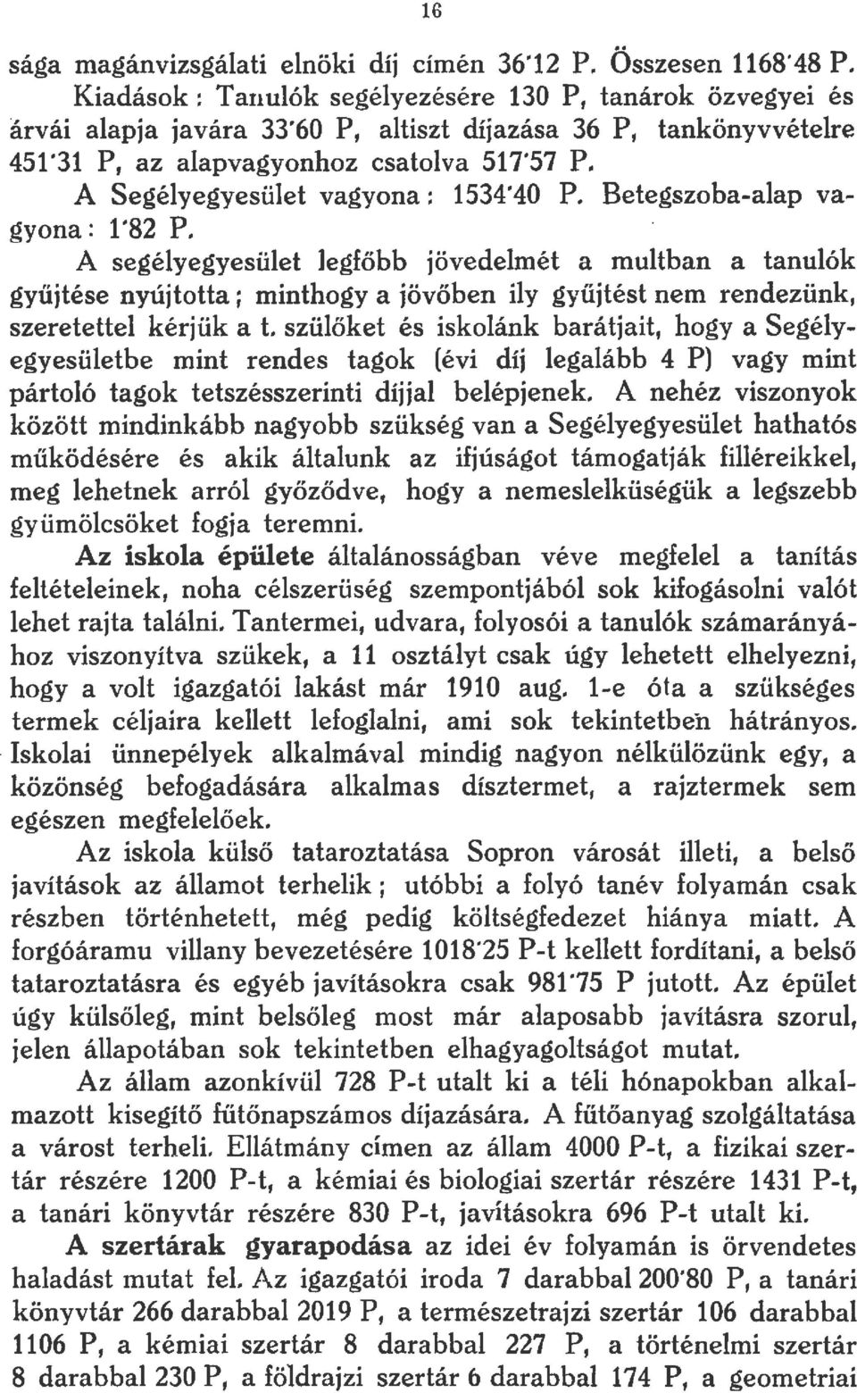 A Segélyegyesület vagyona: 1534'40 P. Betegszobaalap vagyona: 1'82 P.