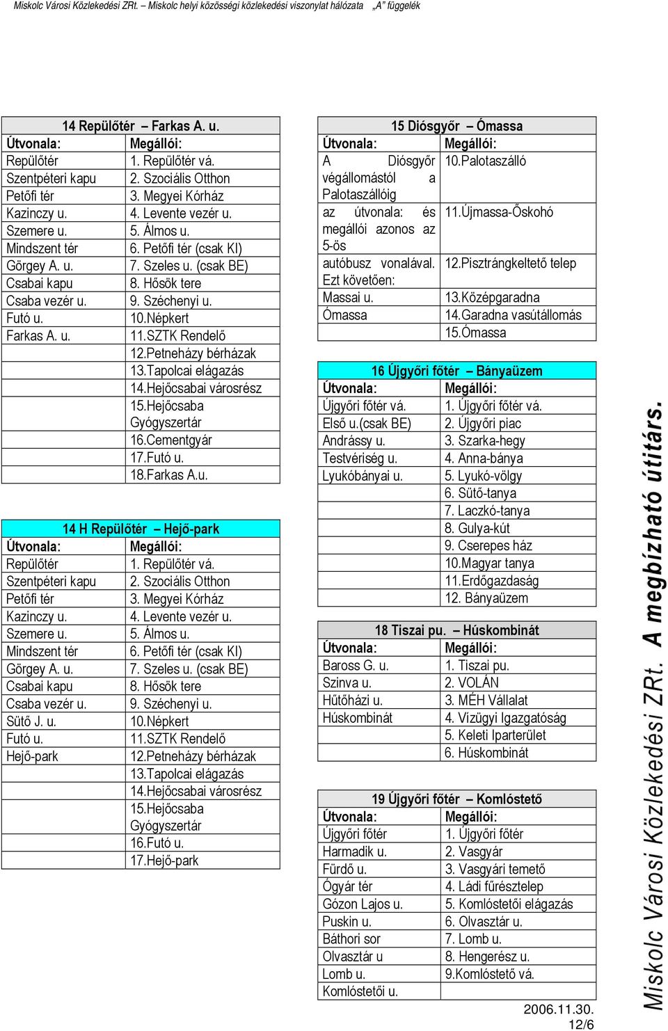 Hejőcsabai városrész 15.Hejőcsaba Gyógyszertár 16.Cementgyár 17.Futó u. 18.Farkas A.u. 14 H Repülőtér Hejő-park Repülőtér 1. Repülőtér vá. Szentpéteri kapu 2. Szociális Otthon Petőfi tér 3.