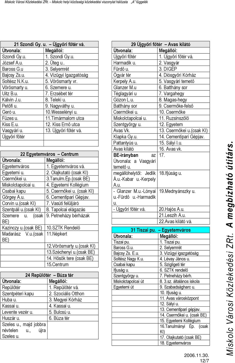 22 Egyetemváros Centrum Egyetemváros 1. Egyetemváros vá. Egyetemi u. 2. Olajkutató (csak Csermőkei u. 3.Tanulm.Ép.(csak Miskolctapolcai u. 4. Egyetemi Kollégium 5. Csermőkei u. (csak Görgey A.u. 6.