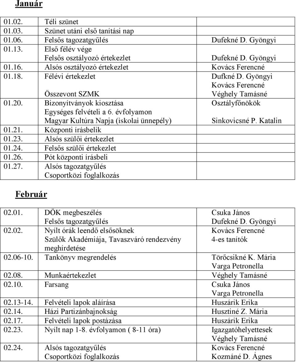 Alsós szülői értekezlet 01.24. Felsős szülői értekezlet 01.26. Pót központi írásbeli 01.27. Alsós tagozatgyűlés Február Osztályfőnökök 02.