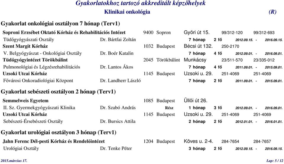 Lantos Ákos 7 hónap 4 fő 2011.09.01. - 2015.09.01. Fővárosi Onkoradiológiai Központ Dr. Landherr László 7 hónap 2 fő 2011.09.01. - 2015.09.01. Gyakorlat sebészeti osztályon 2 hónap (Terv1) II. Sz.