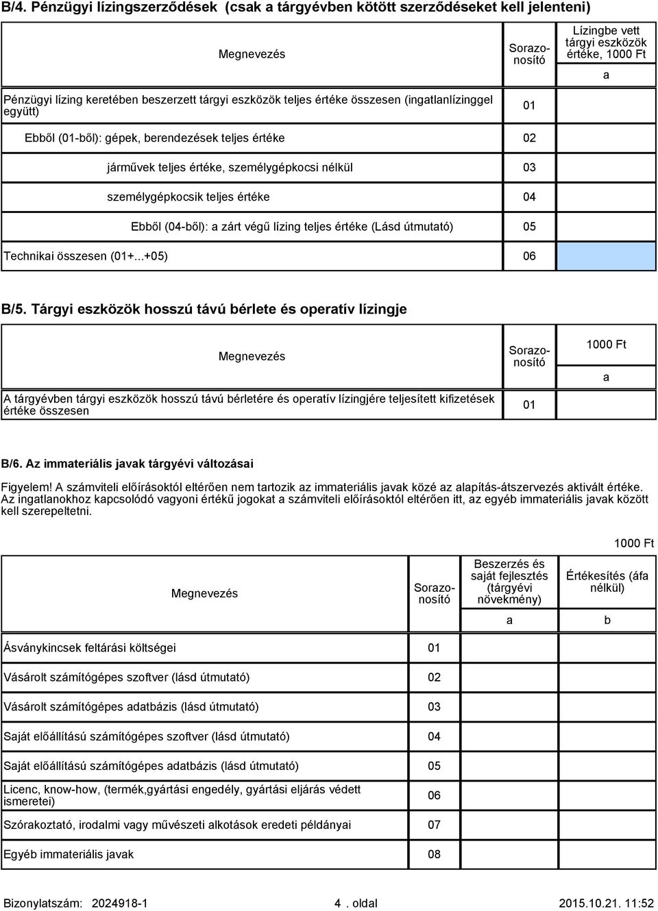 végű lízing teljes értéke (Lásd útmutató) 05 Technikai összesen (01+...+05) 06 B/5.