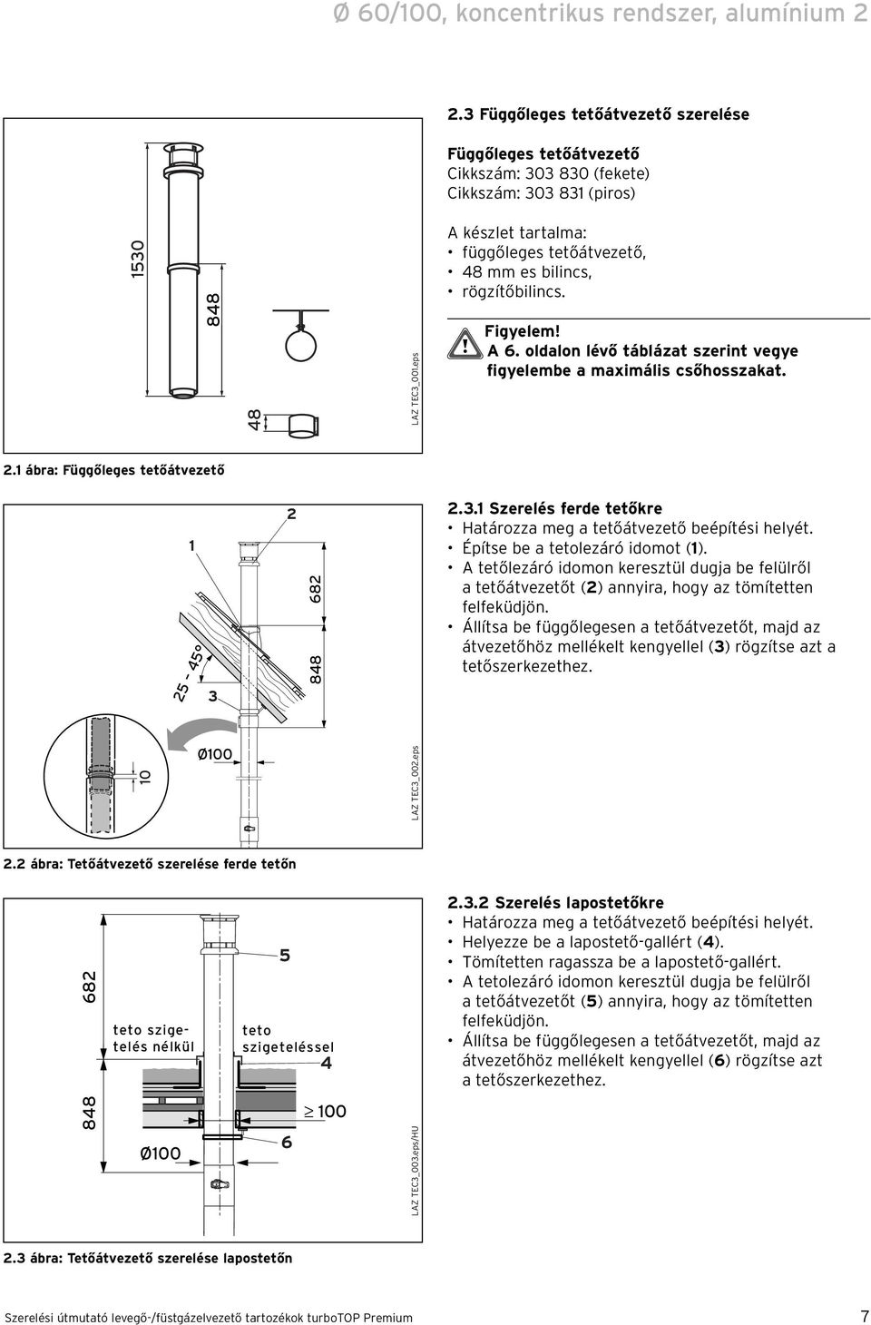 LAZ TEC3_00.eps A 6. oldalon lévő táblázat szerint vegye figyelembe a maximális csőhosszakat.. ábra: Függőleges tetőátvezető 5 5 3 68 88.3. Szerelés ferde tetőkre Határozza meg a tetőátvezető beépítési helyét.