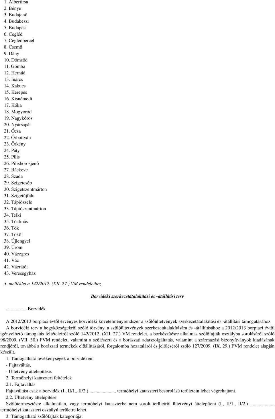 Tápiószele 33. Tápiószentmárton 34. Telki 3. Tóalmás 36. Tök 37. Tököl 38. Újlengyel 39. Üröm 40. Vácegres 41. Vác 42. Vácrátót 43. Veresegyház 3. melléklet a 142/2012. (XII. 27.) VM rendelethez.