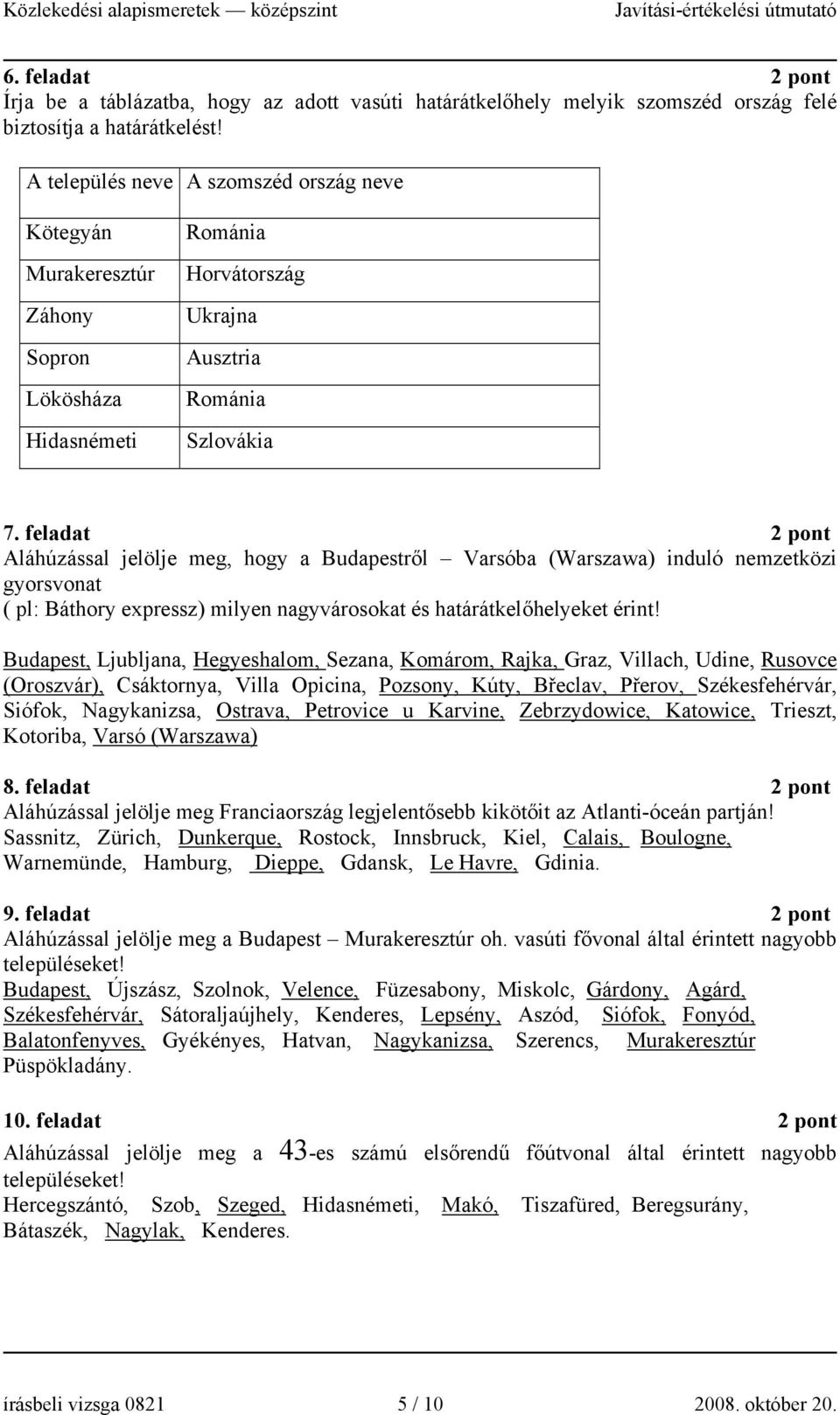 feladat Aláhúzással jelölje meg, hogy a Budapestről Varsóba (Warszawa) induló nemzetközi gyorsvonat ( pl: Báthory expressz) milyen nagyvárosokat és határátkelőhelyeket érint!