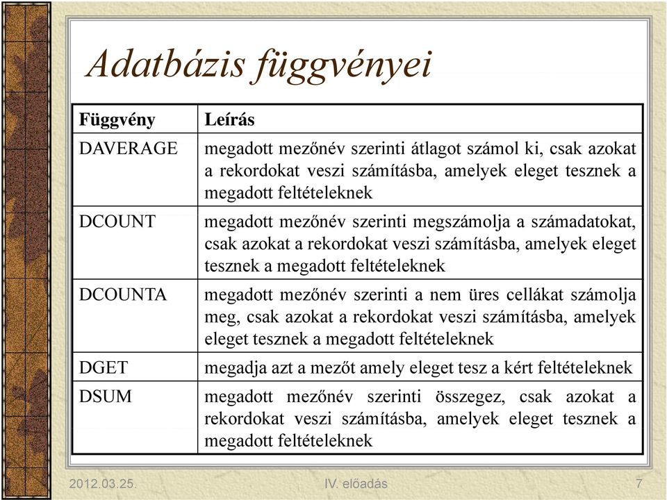 megadott mezőnév szerinti a nem üres cellákat számolja meg, csak azokat a rekordokat veszi számításba, amelyek eleget tesznek a megadott feltételeknek DGET megadja azt a mezőt amely