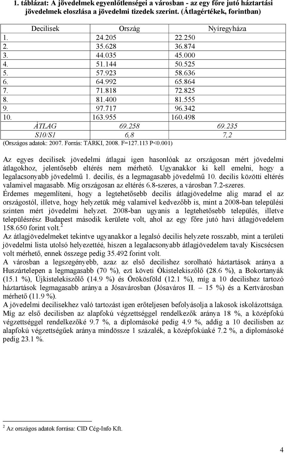 235 S10/S1 6,8 7,2 (Országos adatok: 2007. Forrás: TÁRKI, 2008. F=127.113 P<0.