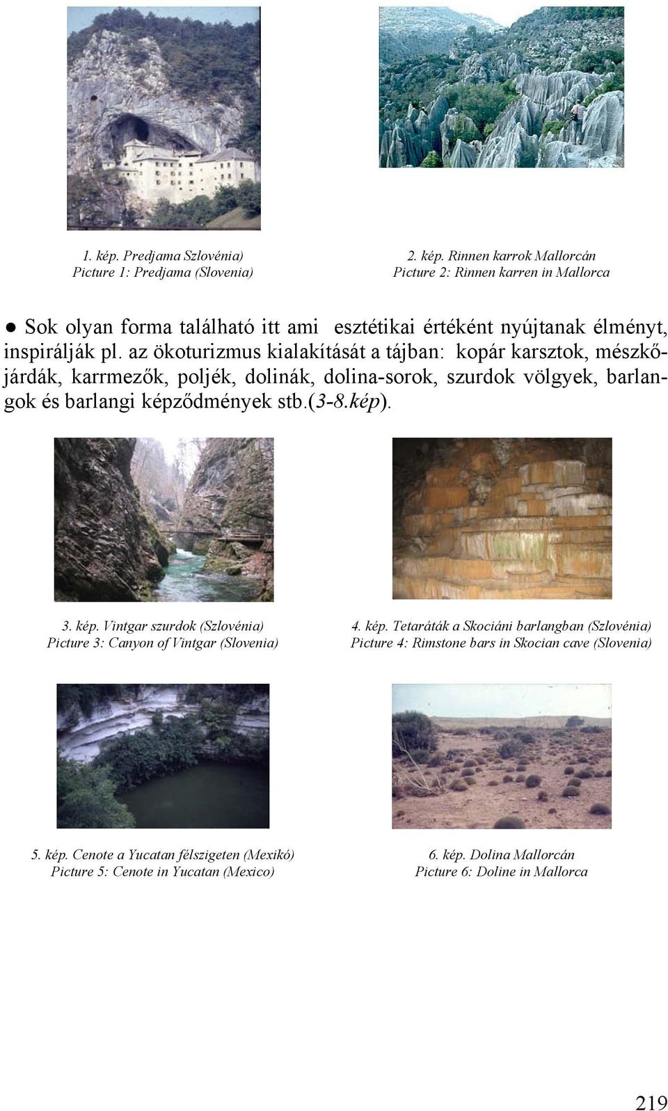 kép. Vintgar szurdok (Szlovénia) Picture 3: Canyon of Vintgar (Slovenia) 4. kép. Tetaráták a Skociáni barlangban (Szlovénia) Picture 4: Rimstone bars in Skocian cave (Slovenia) 5.
