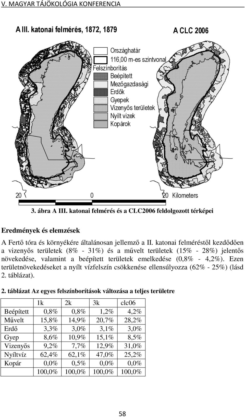 katonai felmérés és a CLC2006 feldolgozott térképei Eredmények és elemzések A Fertő tóra és környékére általánosan jellemző a II.