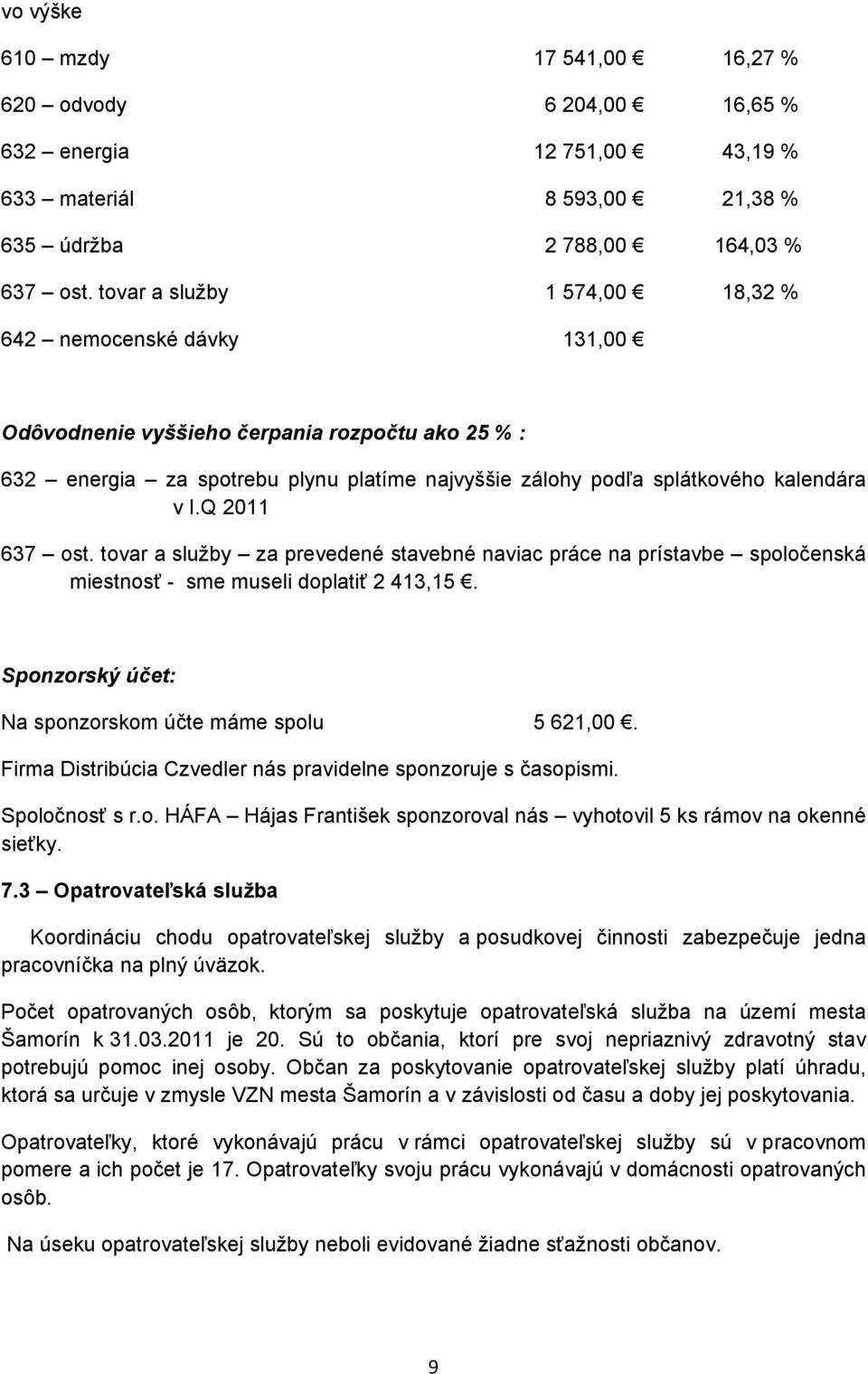 Q 2011 637 ost. tovar a služby za prevedené stavebné naviac práce na prístavbe spoločenská miestnosť - sme museli doplatiť 2 413,15. Sponzorský účet: Na sponzorskom účte máme spolu 5 621,00.