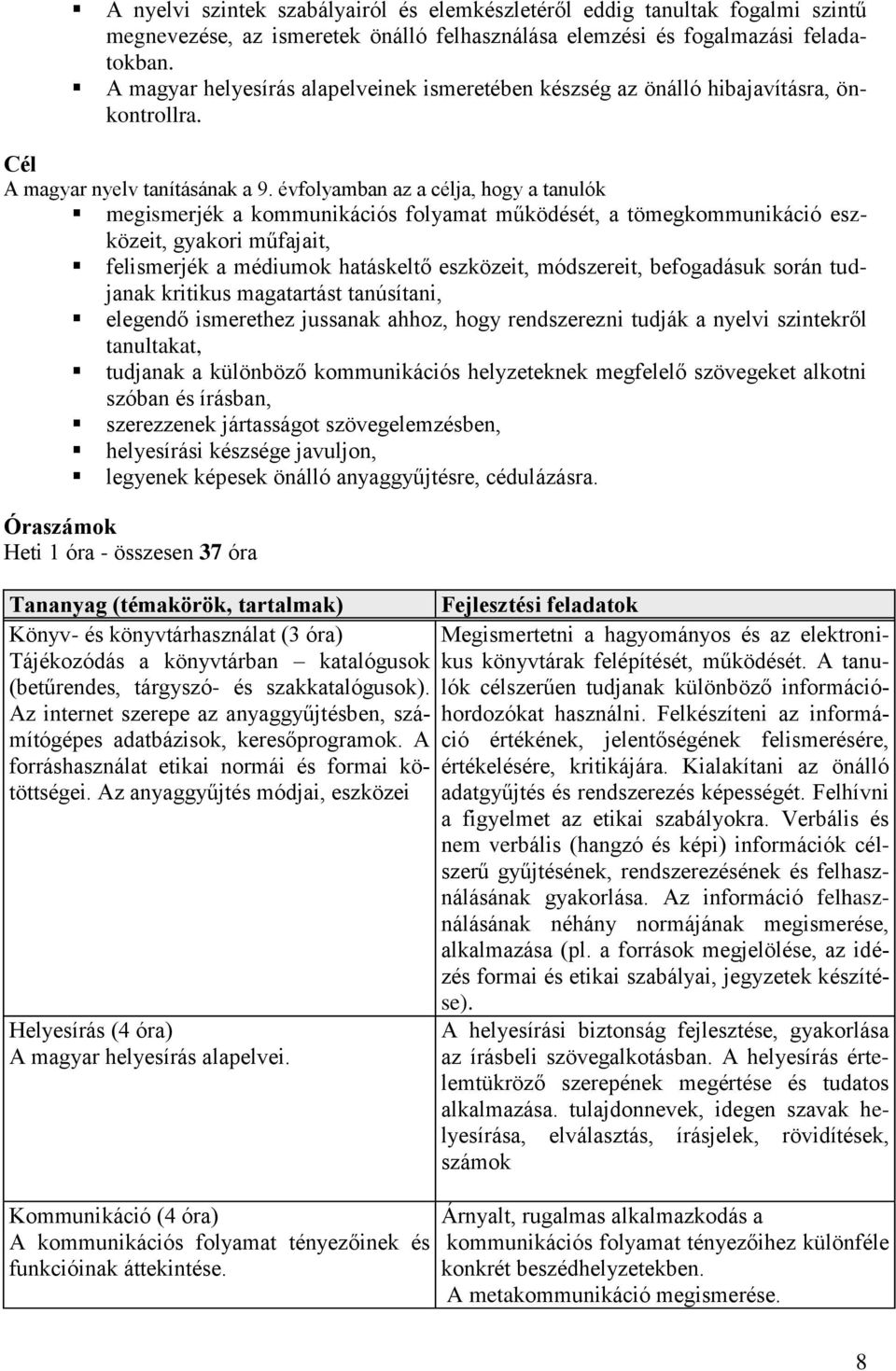 évfolyamban az a célja, hogy a tanulók megismerjék a kommunikációs folyamat működését, a tömegkommunikáció eszközeit, gyakori műfajait, felismerjék a médiumok hatáskeltő eszközeit, módszereit,