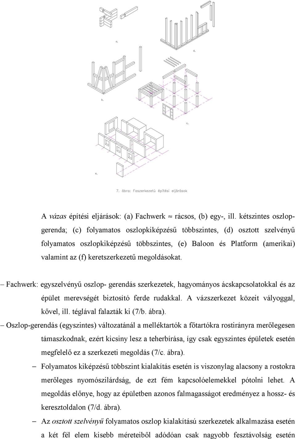 megoldásokat. Fachwerk: egyszelvényű oszlop- gerendás szerkezetek, hagyományos ácskapcsolatokkal és az épület merevségét biztosító ferde rudakkal. A vázszerkezet közeit vályoggal, kővel, ill.
