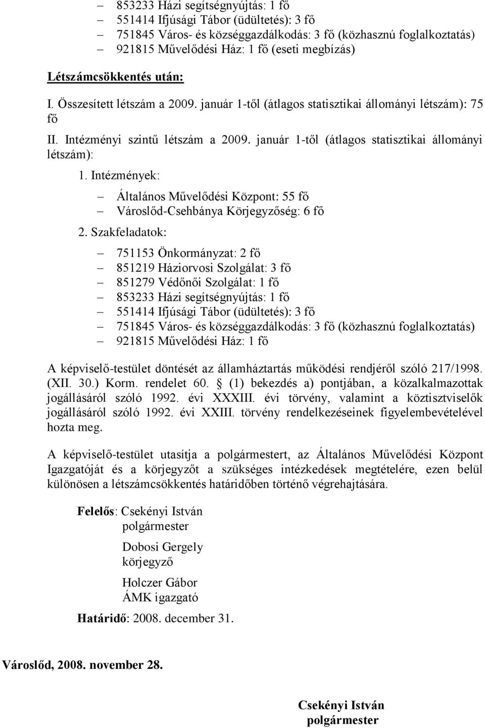 január 1-től (átlagos statisztikai állományi létszám): 1. Intézmények: Általános Művelődési Központ: 55 fő Városlőd-Csehbánya Körjegyzőség: 6 fő 2.