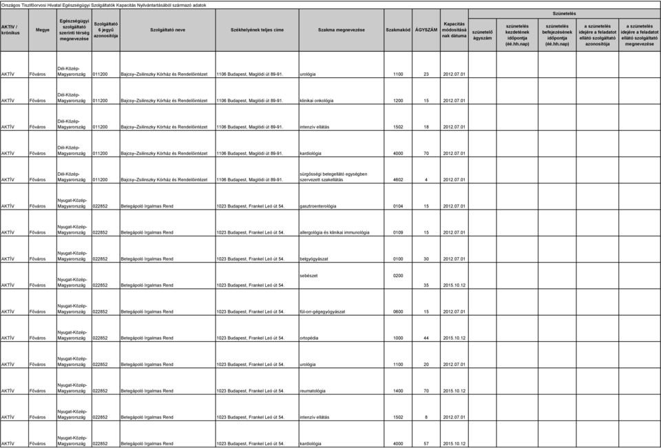 07.01 011200 Bajcsy Zsilinszky Kórház és Rendelőintézet 1106 Budapest, Maglódi út 89-91. kardiológia 4000 70 2012.07.01 011200 Bajcsy Zsilinszky Kórház és Rendelőintézet 1106 Budapest, Maglódi út 89-91. sürgősségi betegellátó egységben szervezett szakellátás 4602 4 2012.