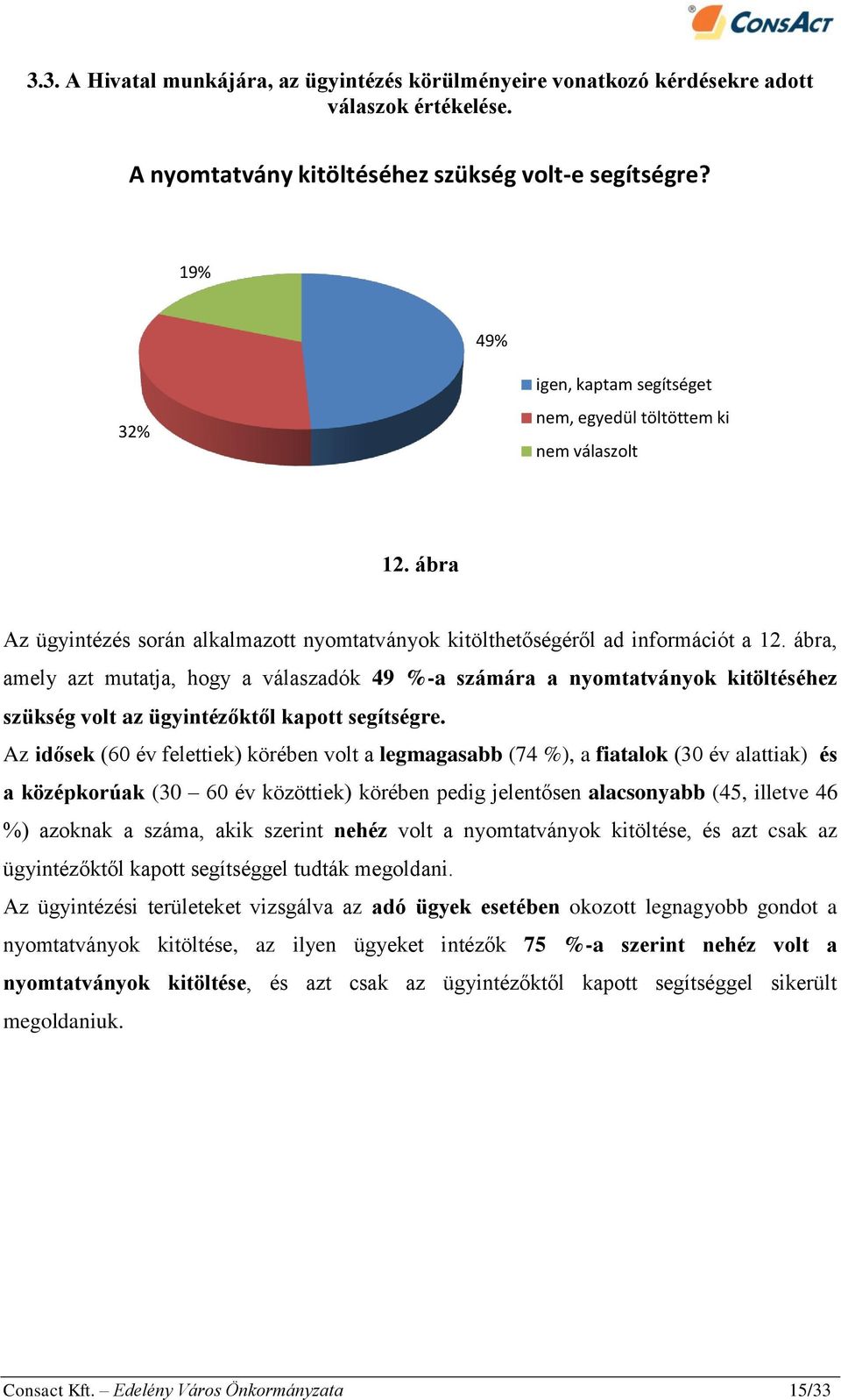 ábra, amely azt mutatja, hogy a válaszadók 49 %-a számára a nyomtatványok kitöltéséhez szükség volt az ügyintézőktől kapott segítségre.