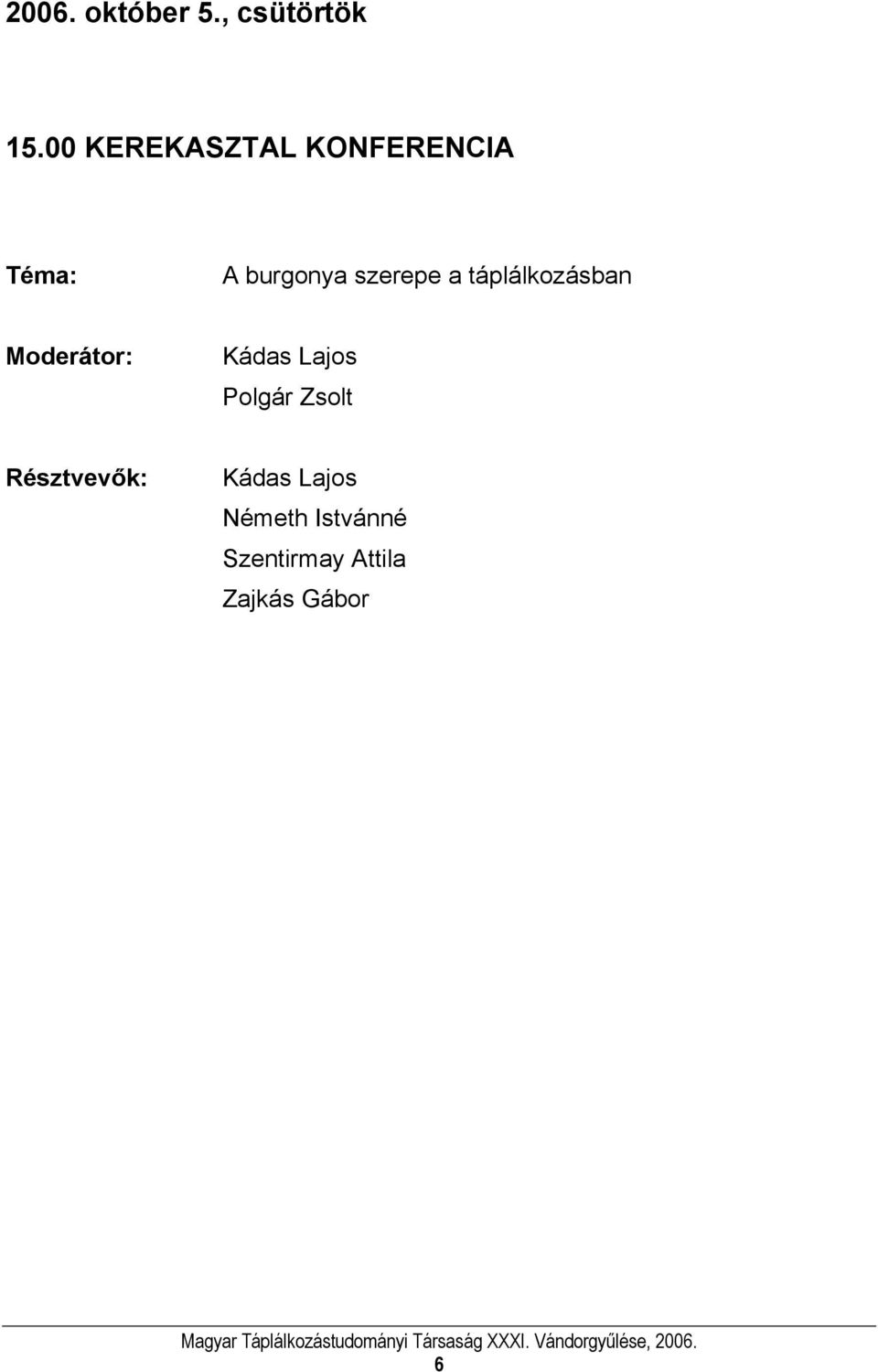 a táplálkozásban Moderátor: Kádas Lajos Polgár